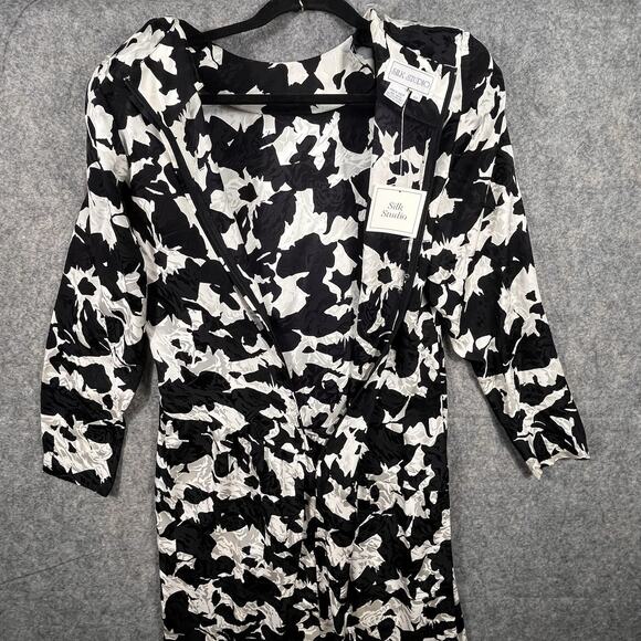 Vintage Silk Studio Dress 12 Black White 100% Silk Long Dress - Picture 9 of 10